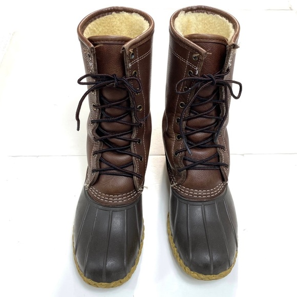 L.L. Bean 10" Shearling-Lined Leather Lace Up Duck Boots in Brown Size 8 #230121 - Picture 2 of 12